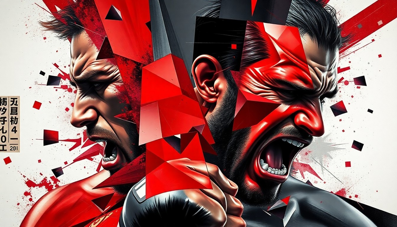 A fragmented, geometric painting depicting the dynamic movements of a heavyweight MMA fighter, conveying the raw power and athleticism of the sport.