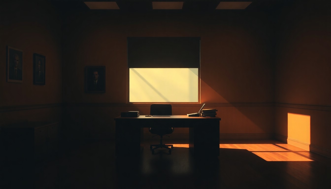 A quiet, cinematic painting of a solitary government office desk in a dimly lit room, bathed in warm, diagonal sunlight and deep shadows, conceptually representing the political uncertainty surrounding the collective bargaining legislation.