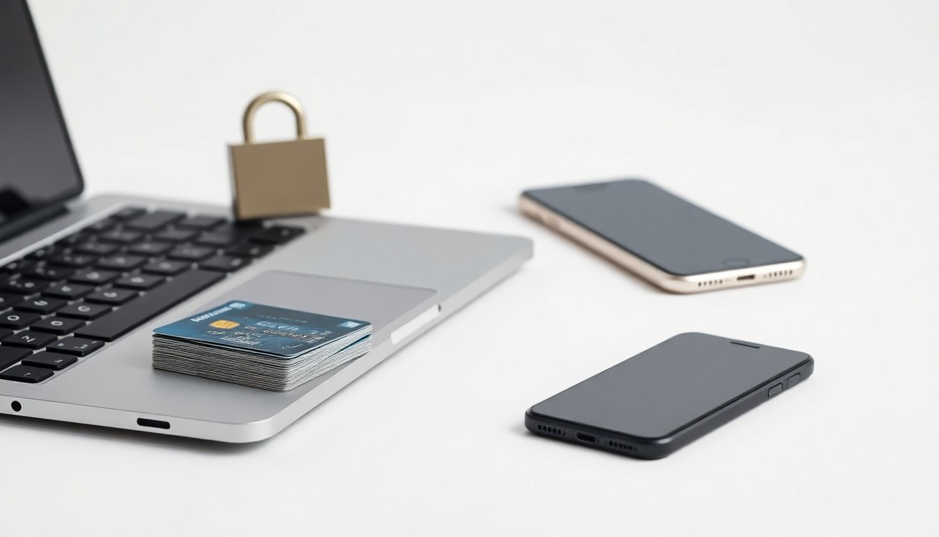 A photorealistic studio still life featuring a stack of credit cards, a laptop, and a smartphone on a clean, white background, conceptually representing the financial and data security implications of a major corporate cybersecurity breach.