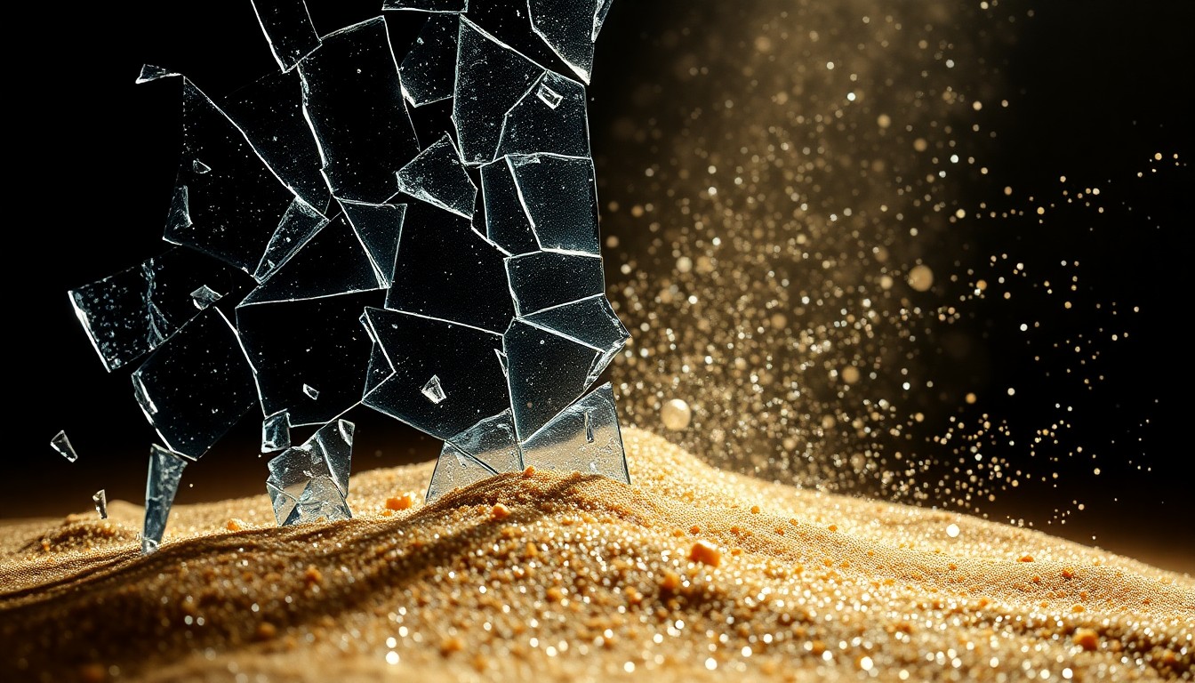 An abstract close-up image of shattered glass and glittering sand, captured in dramatic high-contrast lighting to convey the intense, emotional tone of the upcoming Dune sequel.