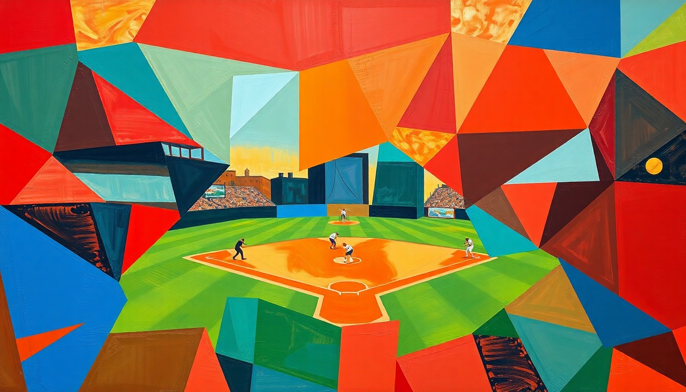 A fragmented, geometric painting in bold colors depicting various perspectives of a softball game, conveying the intensity and skill of the Texas Tech Red Raiders' play.