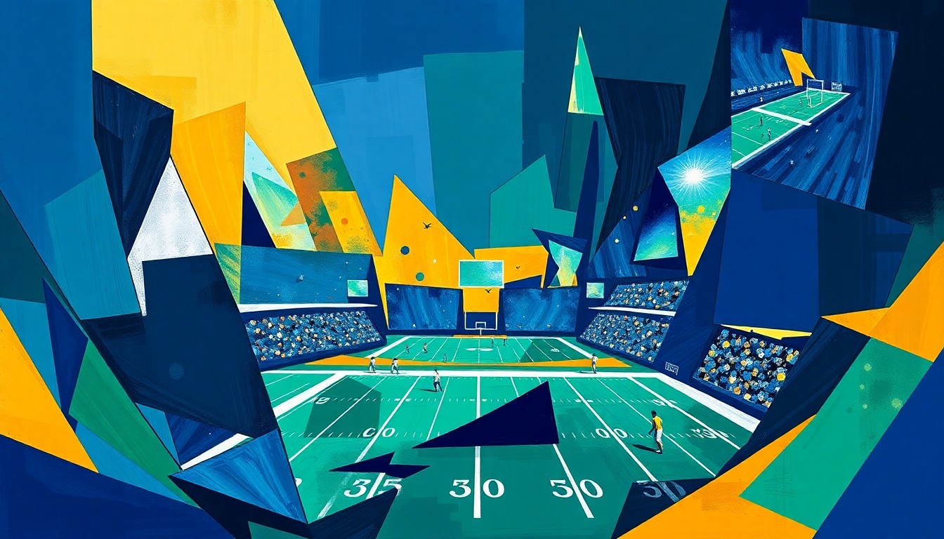 A cubist, geometric painting depicting a college football game or match, with the players and field broken down into sharp, overlapping planes of navy blue, gold, and emerald green, conveying the strategic complexity of the sport.
