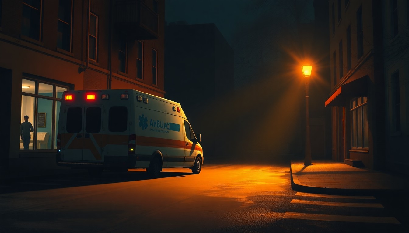 A realistic oil painting depicting an isolated ambulance parked on a dimly lit urban street, with warm sunlight casting dramatic shadows across the vehicle and surrounding buildings, conveying a sense of solitude and contemplation.
