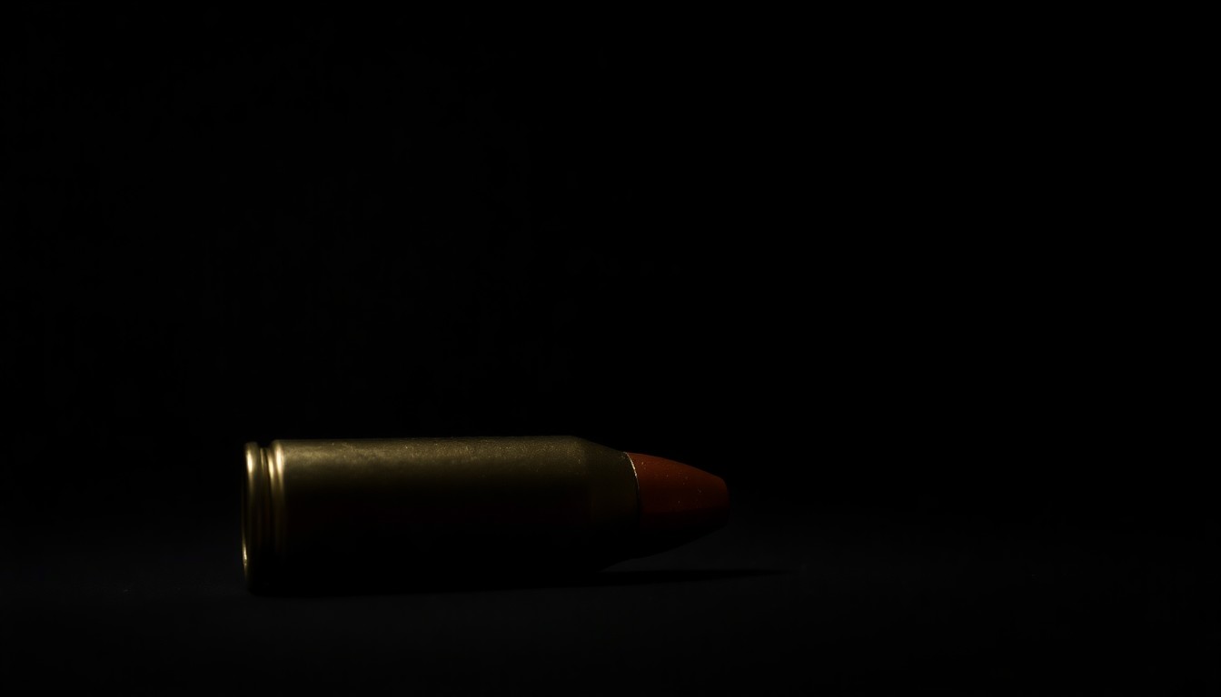 An extreme close-up photograph of a single bullet casing against a pitch-black background, dramatically lit by a harsh camera flash to create a stark, gritty visual representation of the serious topic of active shooter preparedness.