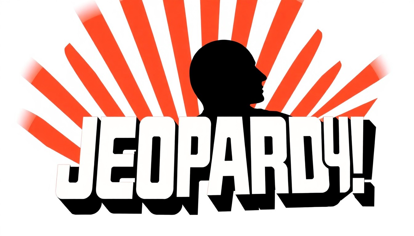 A stark, geometric black silhouette of the iconic 'Jeopardy!' logo against a high-contrast red and white background, conceptually representing the intensity and drama of a contestant's record-breaking run on the show.