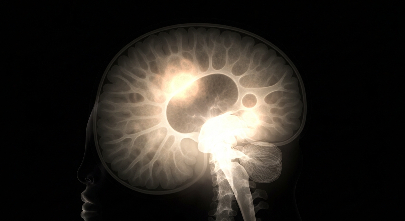 A ghostly, translucent X-ray-style image showing the complex internal structure of a human brain tumor, glowing against a dark background and conveying the advanced medical technology being applied to this deadly form of cancer.