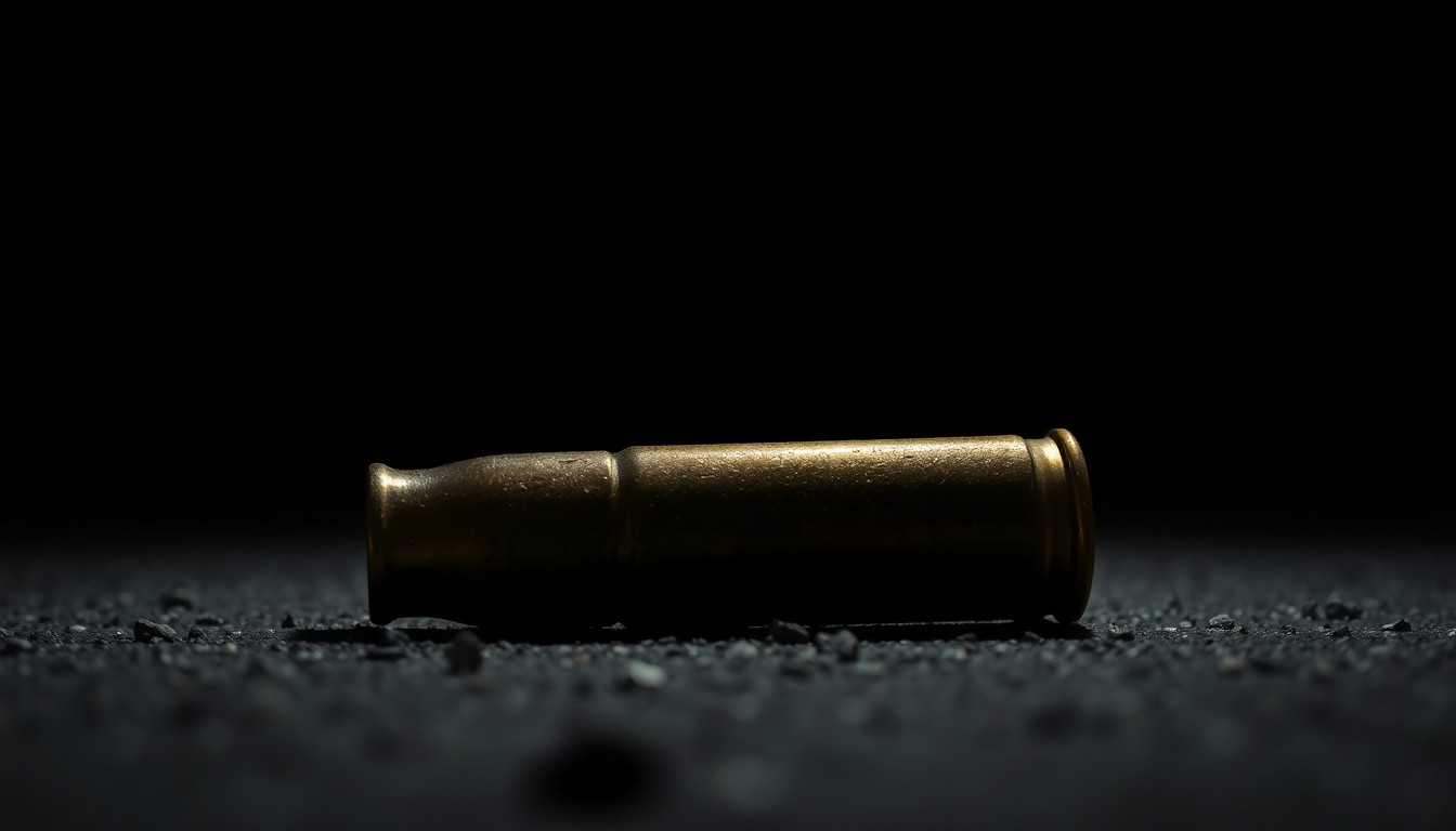 An extreme close-up photograph of a spent bullet casing on the ground, lit by a harsh, direct camera flash against a pitch-black background, conveying the gritty, investigative nature of this tragic crime.