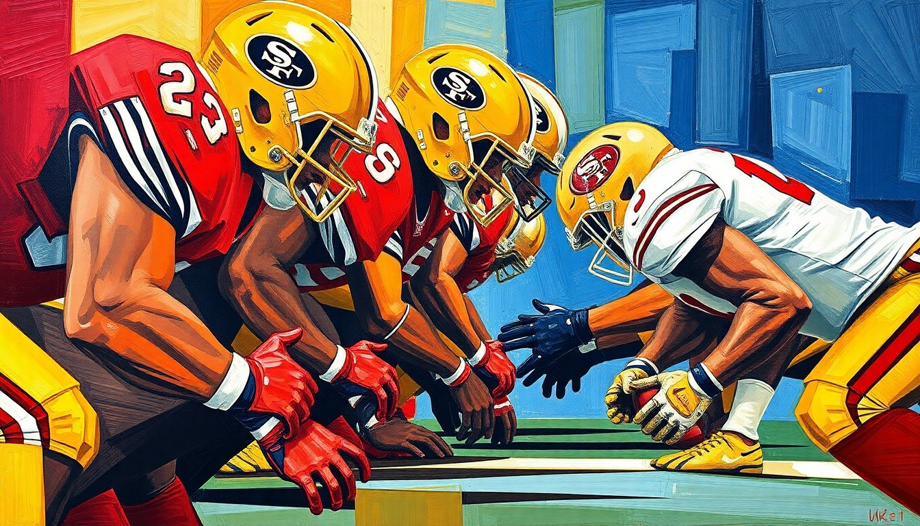 A fractured, geometric painting depicting the overlapping planes and angles of a football offensive line, using vibrant colors to capture the energy and movement of the game.