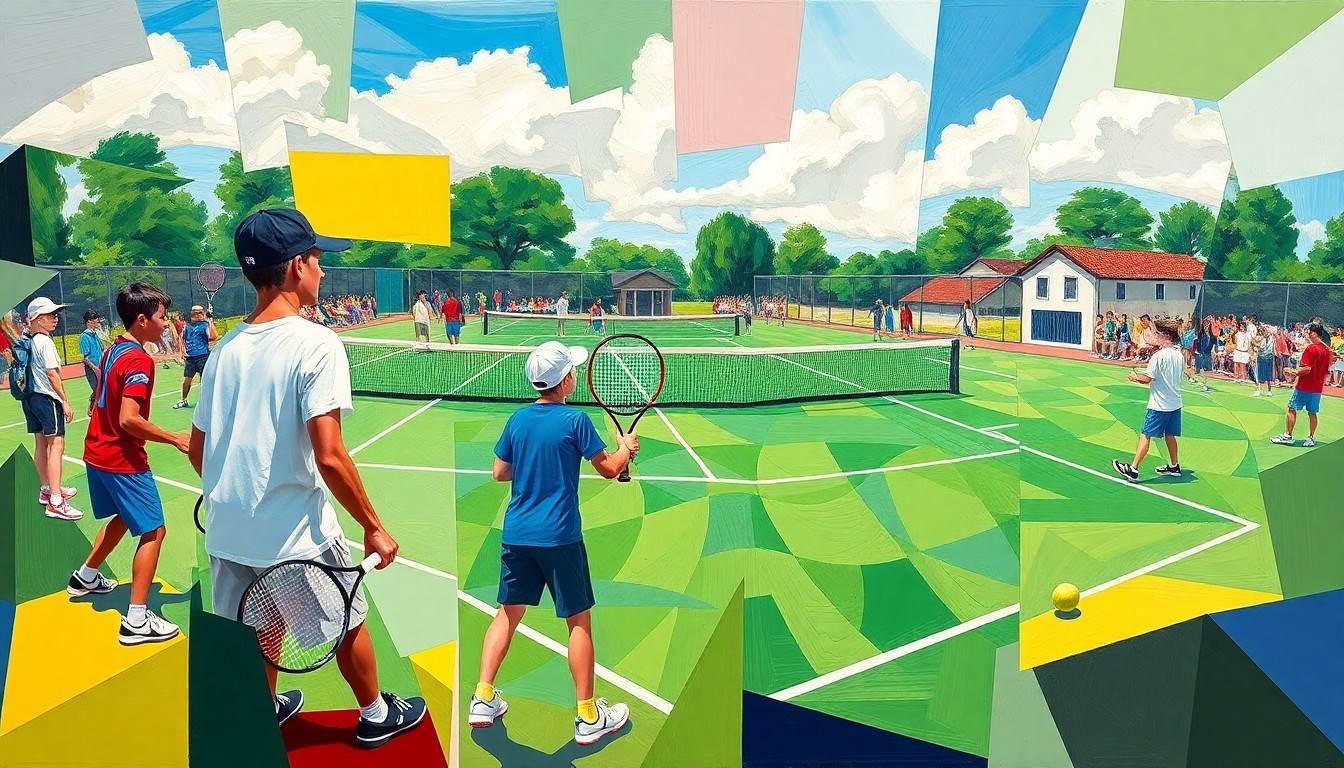 A fragmented, geometric painting depicting the dynamic movements and perspectives of a high school tennis match, using bold colors and sharp, overlapping shapes to capture the energy of the competition.