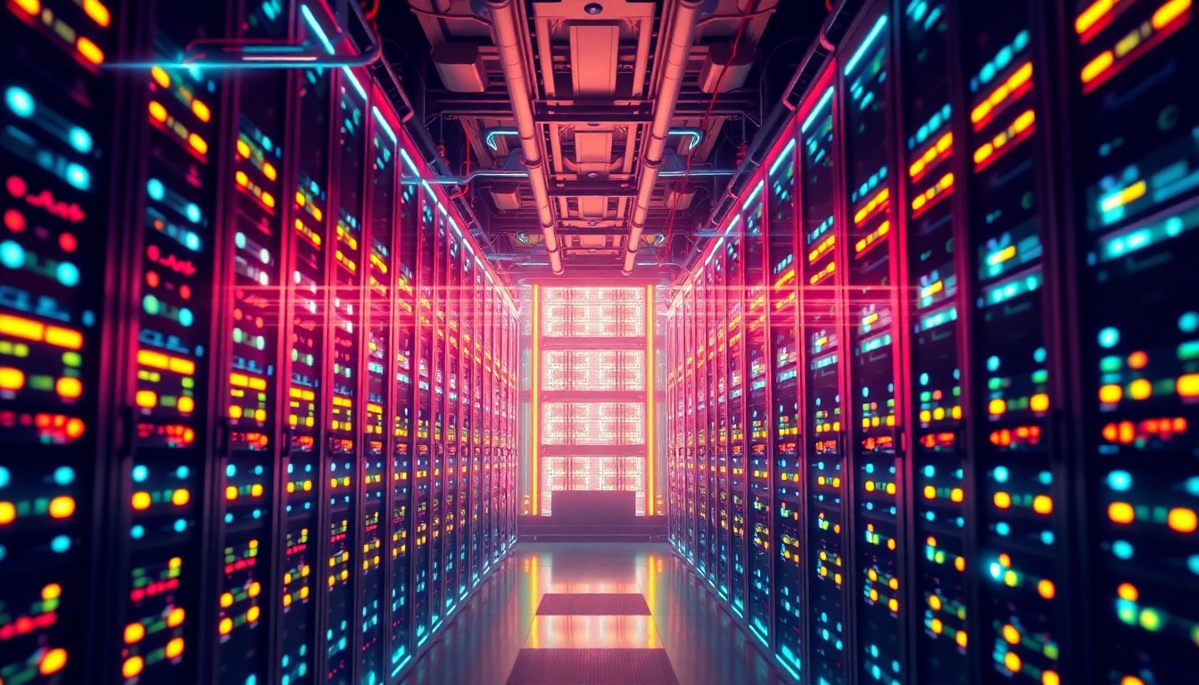 A highly detailed, glowing 3D illustration of a futuristic, neon-lit server rack or data center infrastructure, representing the advanced technology capabilities that power the GeekOnSites service.