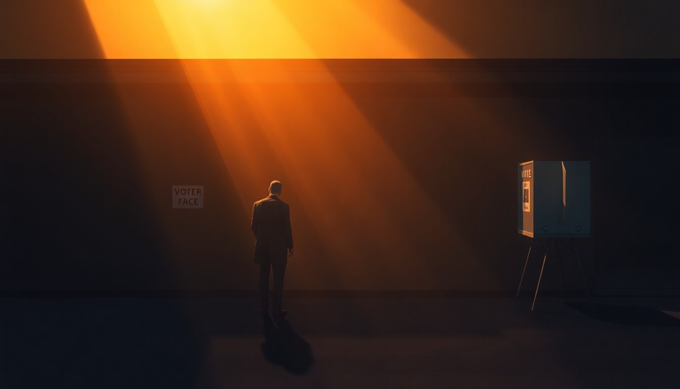 A cinematic painting depicting a lone voter standing in front of a nondescript polling place, the scene bathed in warm, dramatic lighting that casts deep shadows, conveying the high-stakes and weighty nature of the redistricting process.