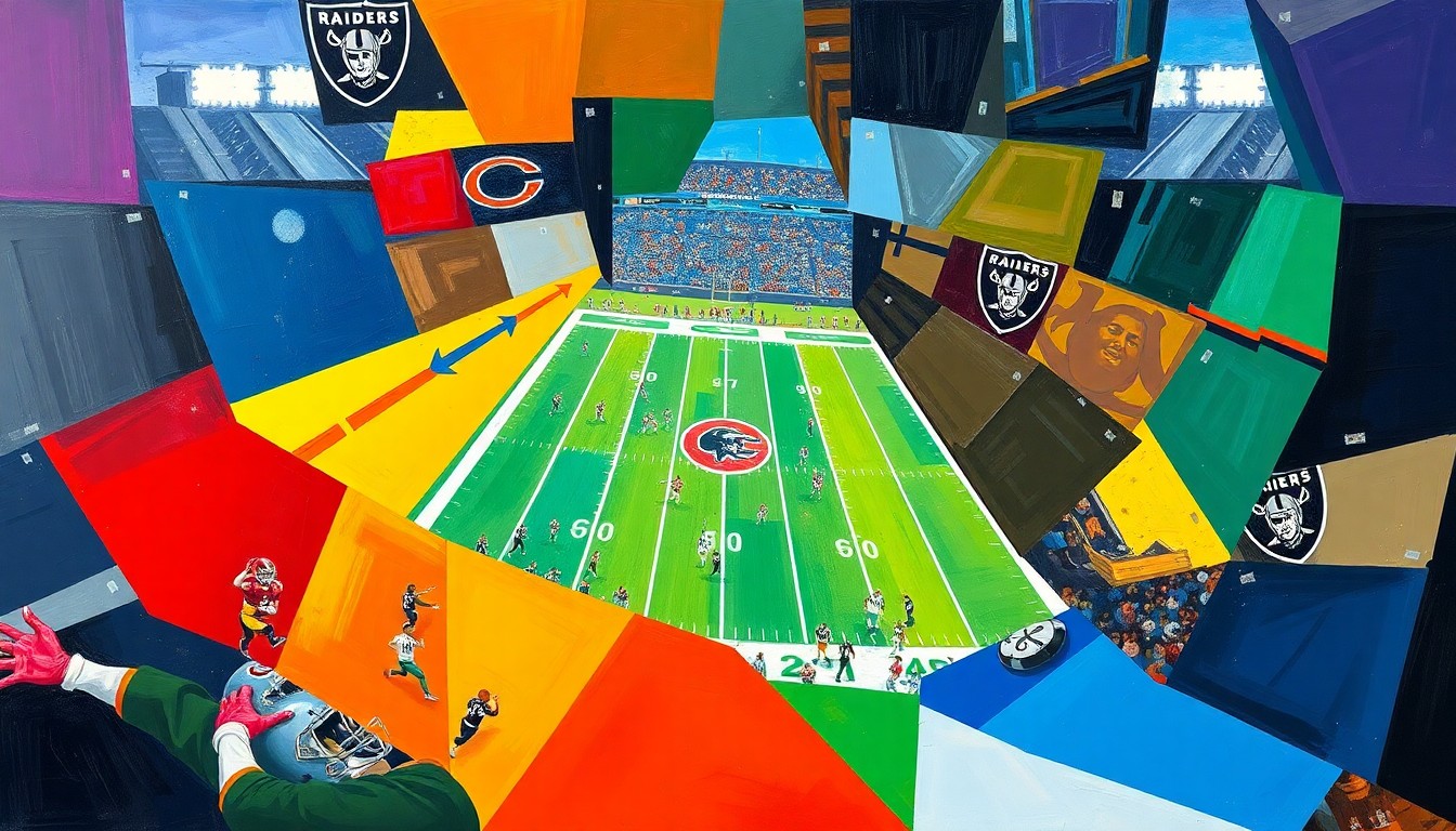 A cubist, geometric painting featuring sharp, overlapping planes of color representing a football game or NFL Draft scene, conveying the complex maneuvering and high stakes surrounding the Raiders' top selection.