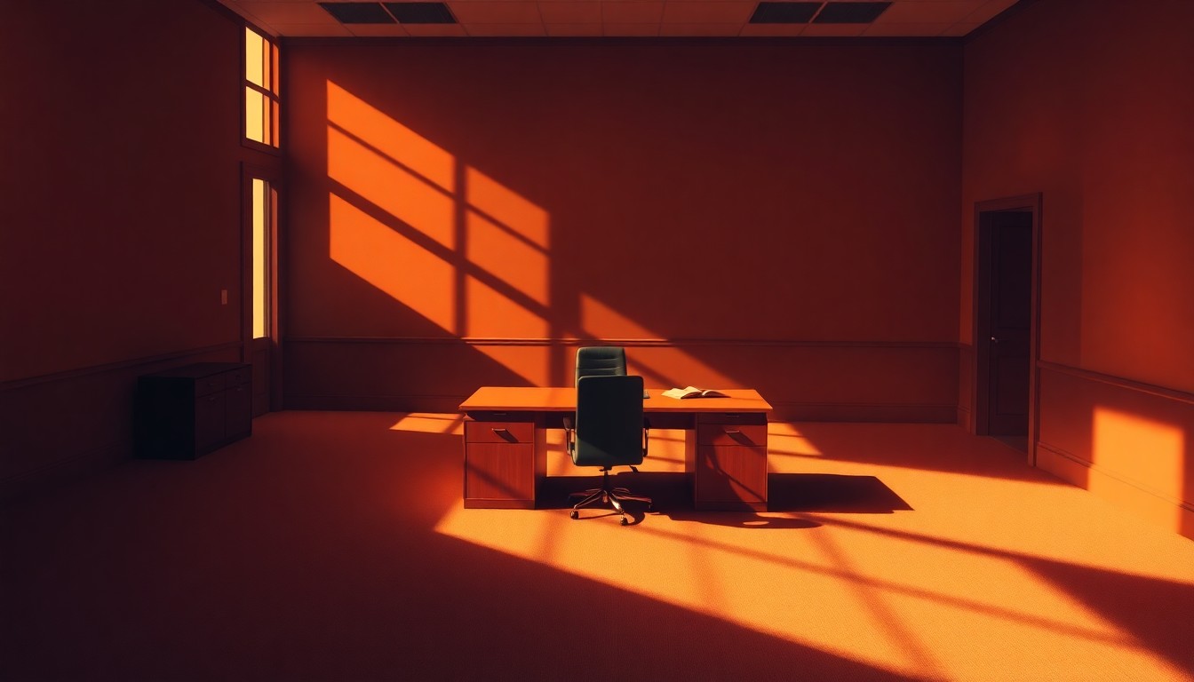 A dimly lit, cinematic painting of an empty government office space, with a single desk and chair illuminated by warm, diagonal sunlight, conceptually representing the political tensions surrounding the redrawing of Florida's congressional districts.