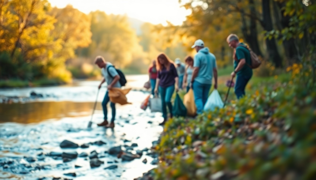 An abstract, out-of-focus photograph showing the blurred silhouettes of people working together to pick up litter along the banks of a stream, with the surrounding landscape rendered in soft, warm pools of color and light.