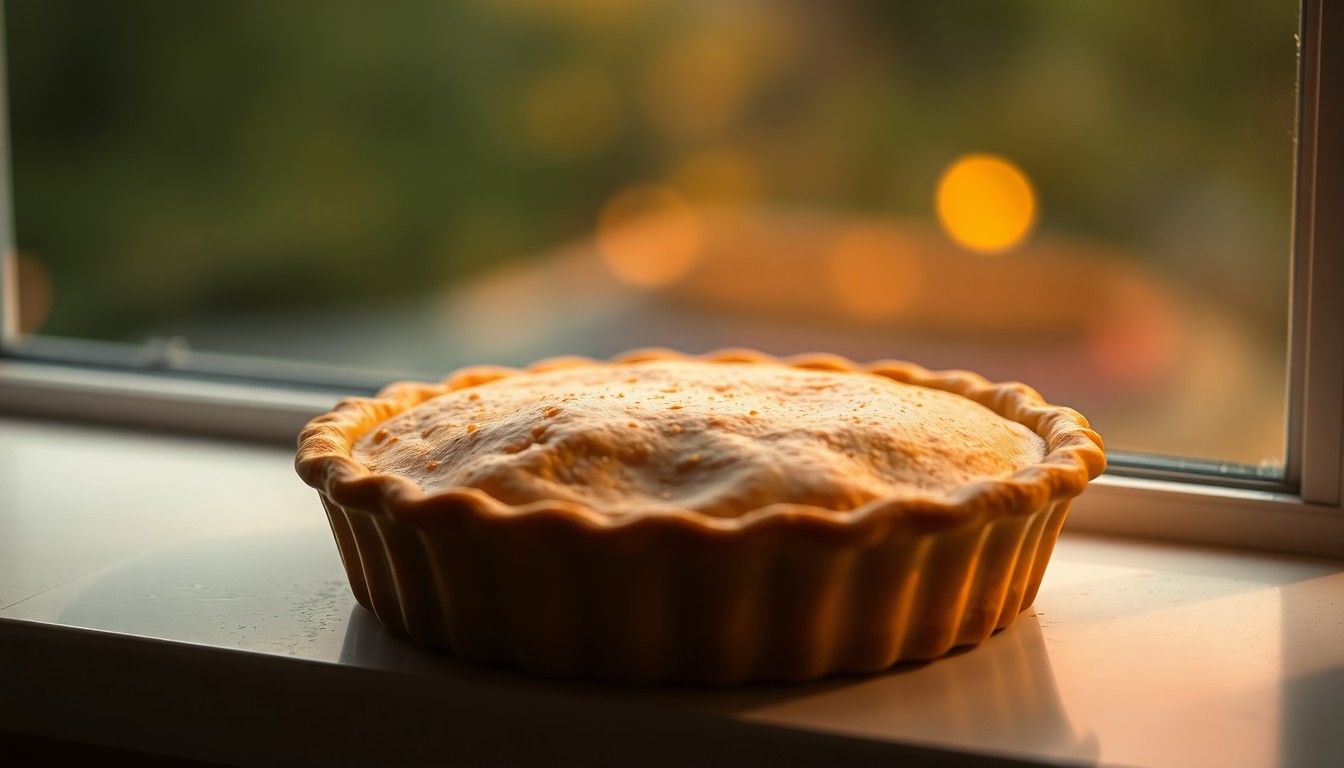 An extremely abstracted, out-of-focus photograph of a homemade pie sitting on a windowsill, with soft pools of warm light and color reflecting off the glass, conceptually representing the loss of a beloved local figure known for her baking.