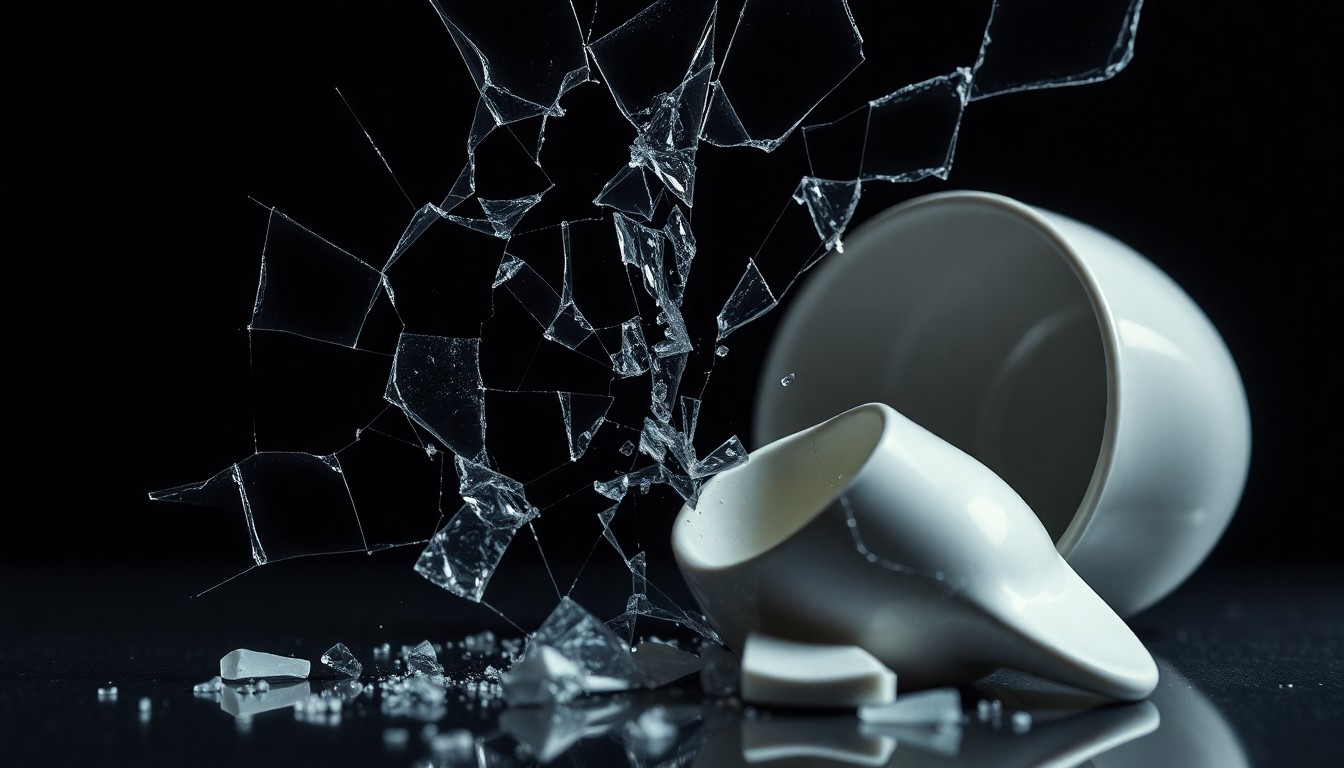 An abstract close-up image of shattered glass and cracked porcelain, conveying the fragile state of Stephanie and Alex's marriage.