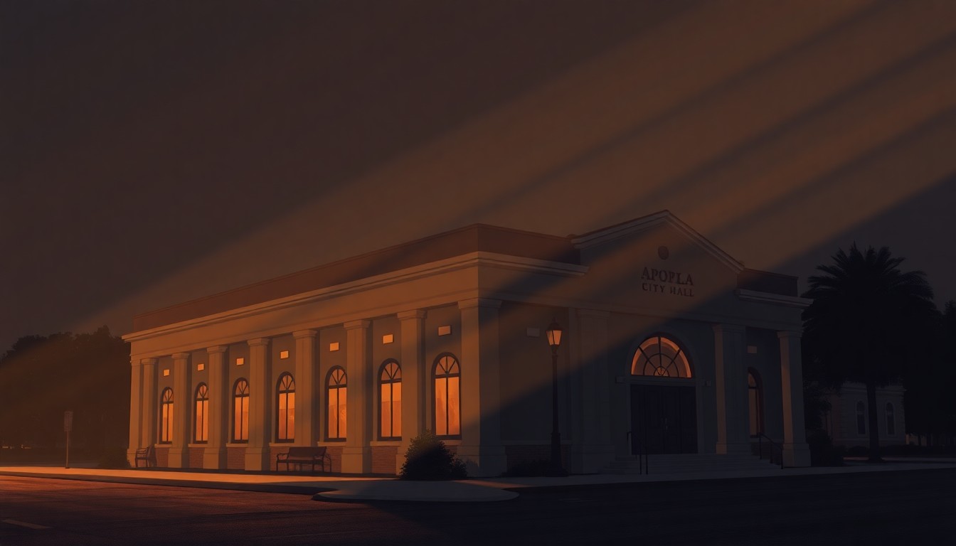 A realistic oil painting of the Apopka City Hall building, with warm sunlight casting long shadows across the facade and surrounding trees. The scene has a quiet, contemplative mood that evokes the changing of political leadership in the city.