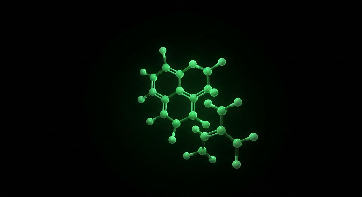 A highly detailed, translucent X-ray image of the molecular structure of the drug fenbendazole, its complex chemical bonds and atoms visible as glowing lines against a dark background.