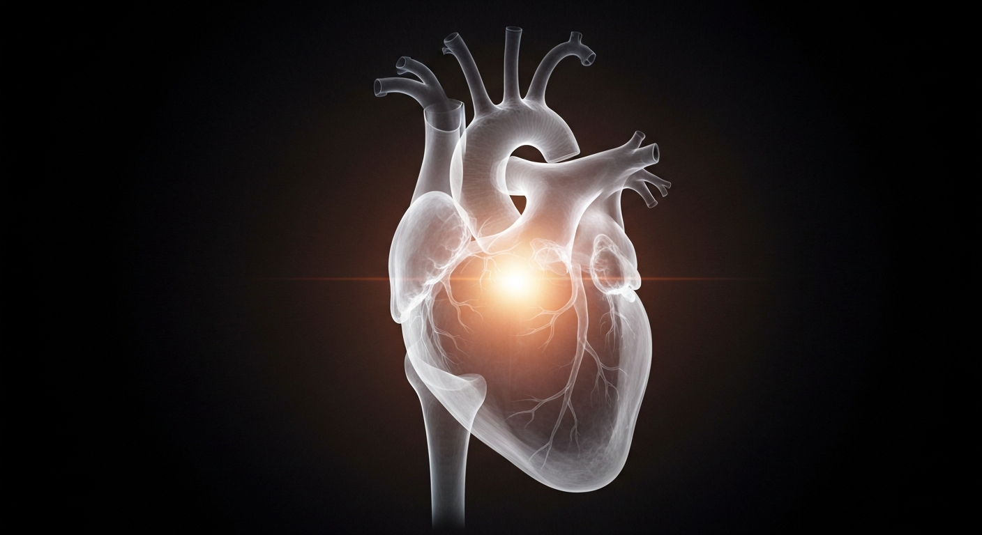 A ghostly, translucent X-ray photograph of a human heart, glowing with an inner light and surrounded by a dark, shadowy background, conceptually representing the courage and resilience of cancer survivors.