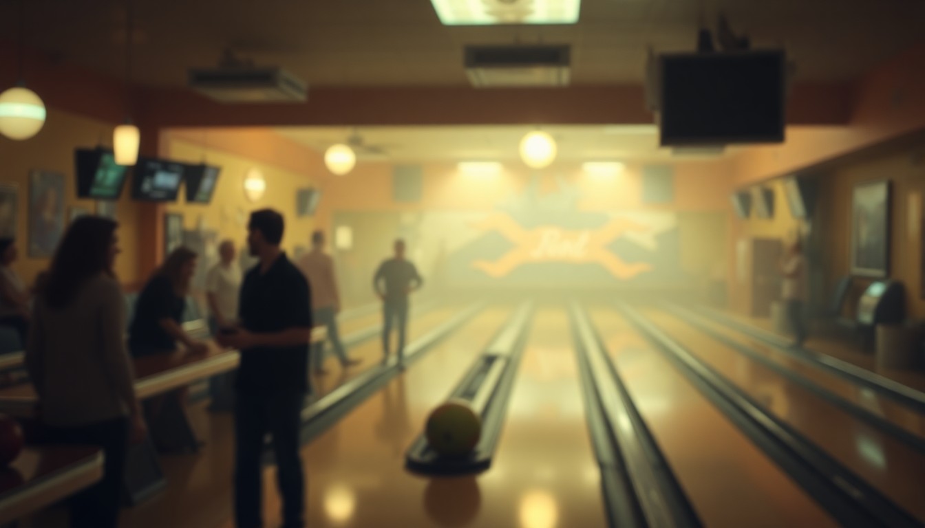 An extremely abstracted, out-of-focus photograph in soft pools of warm color and light, depicting a blurred scene of a bowling alley with indistinct figures and equipment, conveying the nostalgic and intimate atmosphere of a community gathering place.