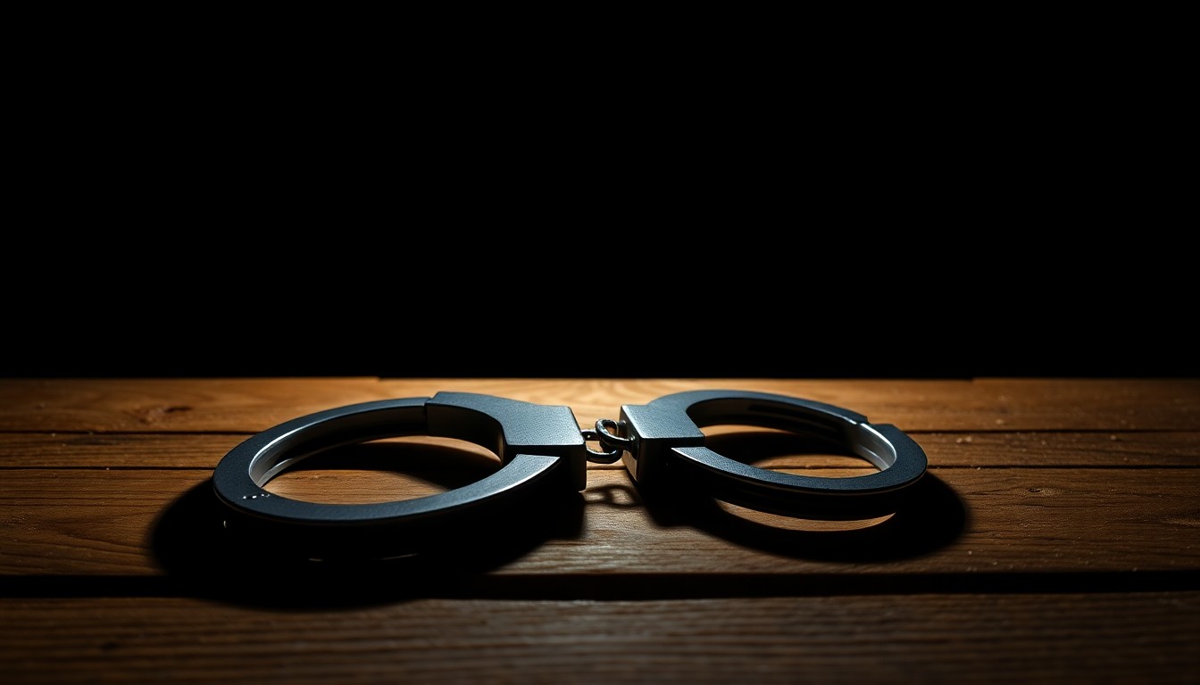 An extreme close-up of a pair of handcuffs lying on a wooden bench, the harsh lighting and dark background creating a stark, gritty aesthetic that conceptually represents the serious issues raised by this incident of alleged misconduct within a courthouse.