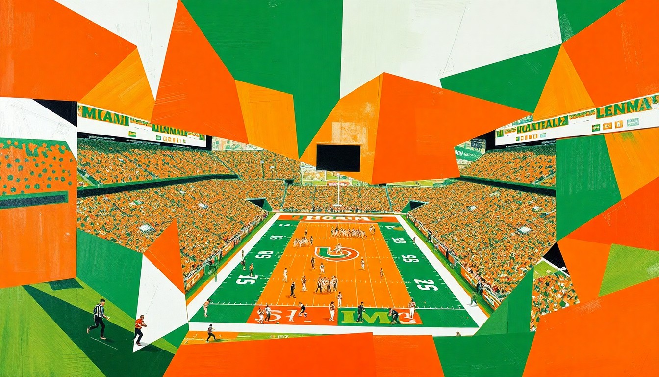 A cubist, geometric painting featuring overlapping planes of orange, green, and white, conceptually representing the strategic elements of a college football game.