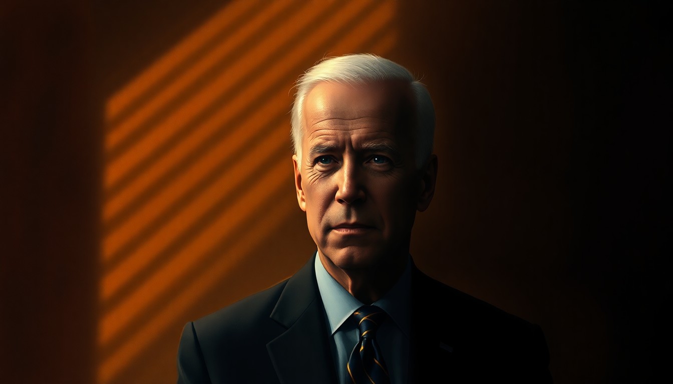 A warm, cinematic painting of a solitary portrait of a man in a suit, bathed in soft light and deep shadows, conceptually representing the legacy of a public servant.