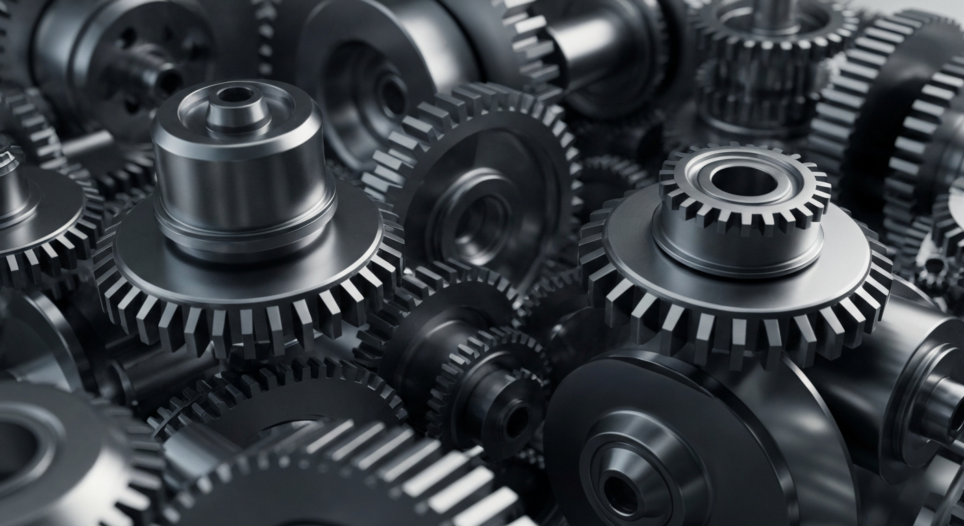 An extreme close-up of heavy, textured metal gears and machinery in shades of silver, steel, and black, conceptually representing the complex financial infrastructure and institutional power behind a major biotech public offering.