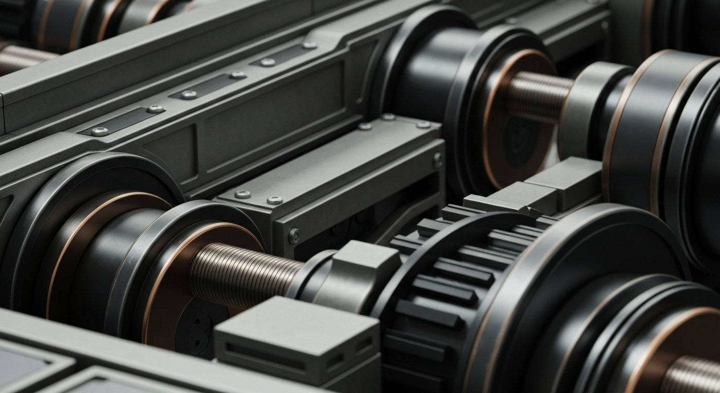 An extreme close-up of gears, levers, and other heavy industrial banking equipment, conveying the idea of the complex financial infrastructure that underpins the global economy.