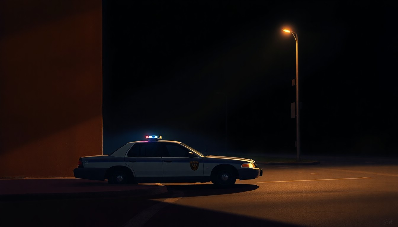 A serene, cinematic painting of a solitary police car parked on a shadowy street corner, capturing the quiet tension and uncertainty surrounding the upcoming vote on public safety funding.