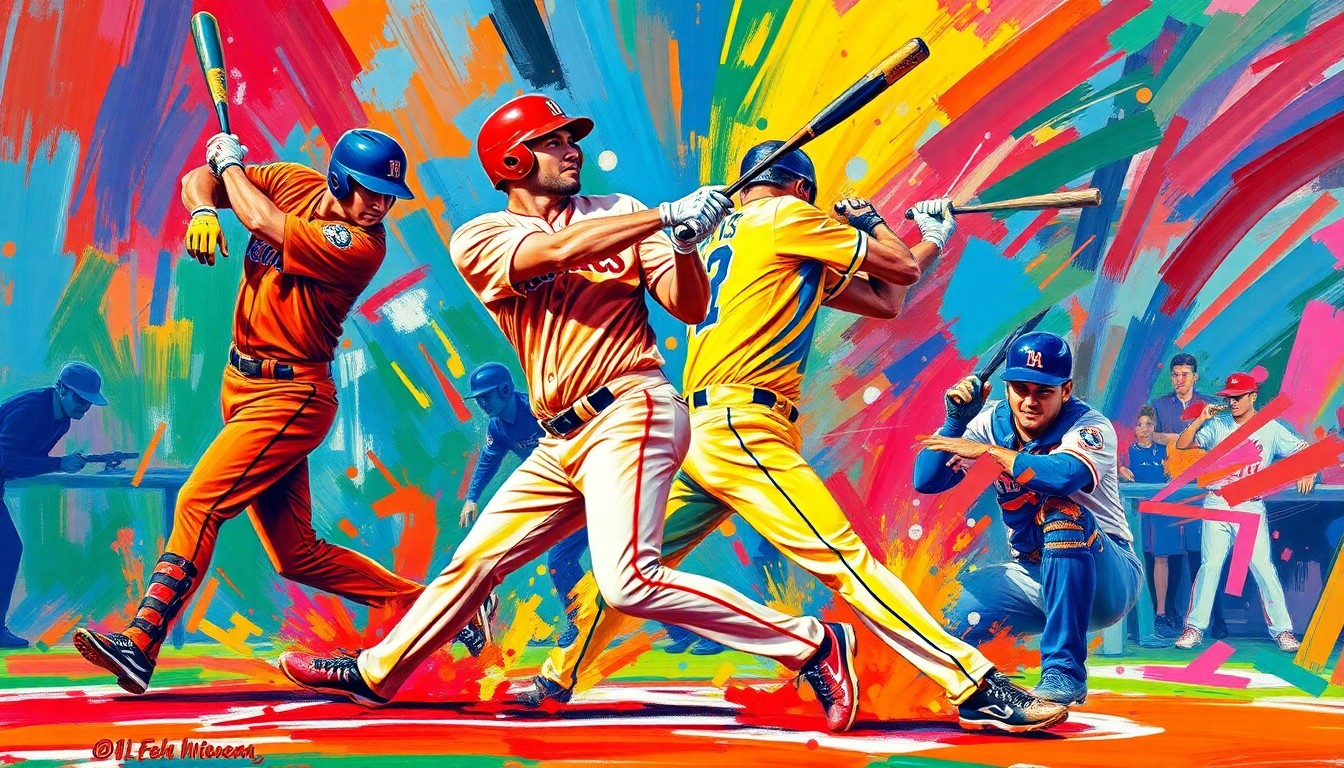 An abstract, energetic painting using vivid neon colors and expressive brushstrokes to depict the dynamic motion and intensity of a baseball game, capturing the thrill of a home run without showing any specific players or teams.