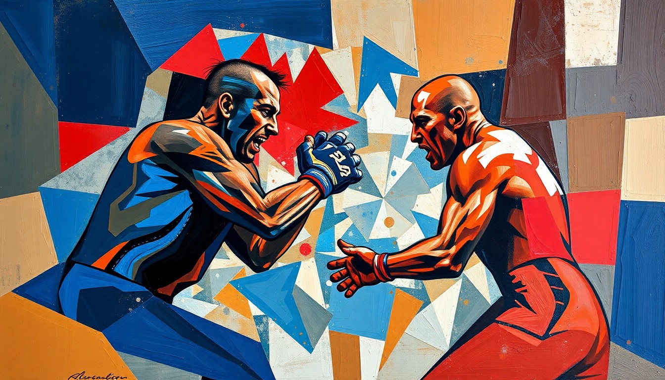 A cubist, geometric painting depicting an abstract MMA fight or wrestling match, with overlapping planes of color and form representing the raw power and athleticism of the sport.