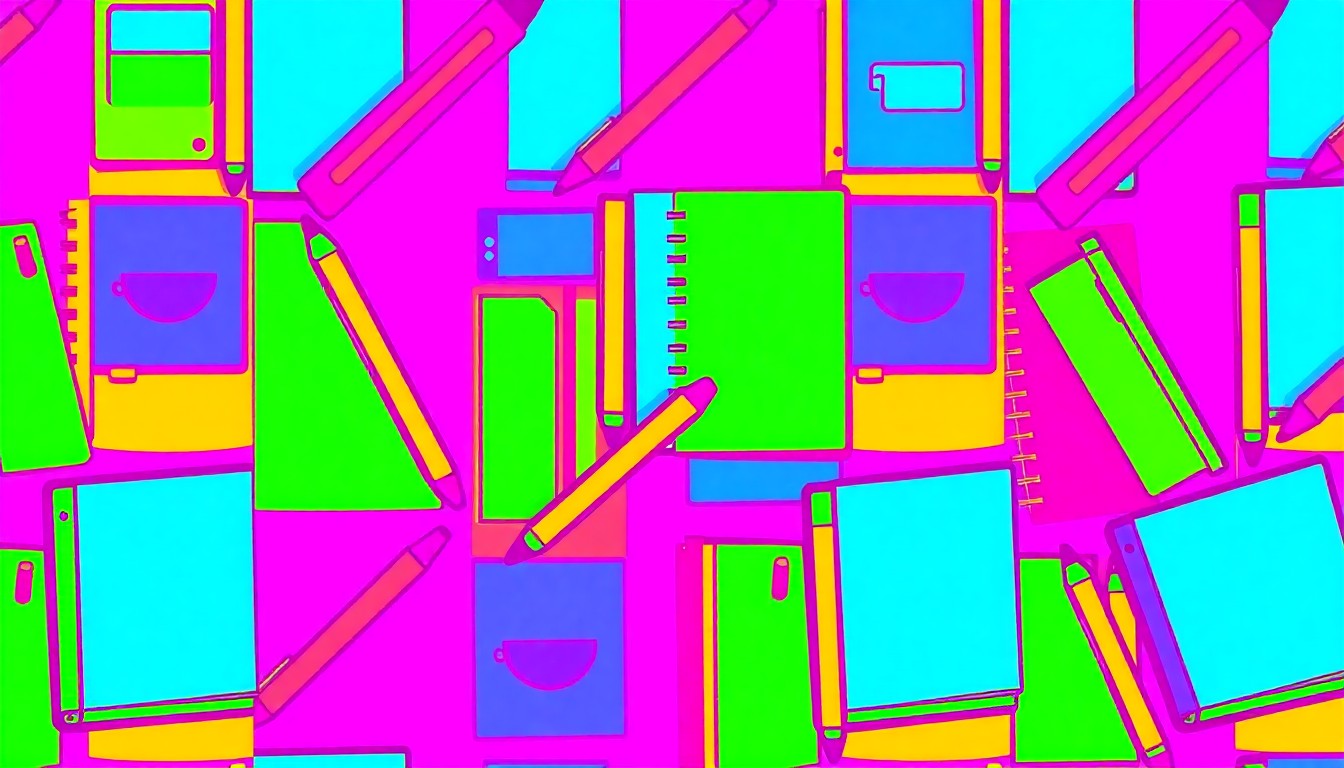 A highly stylized, vibrant silkscreen print of a repeated school supply object in neon colors and heavy black outlines, conceptually representing the sensitive issues around teacher conduct in an educational setting.