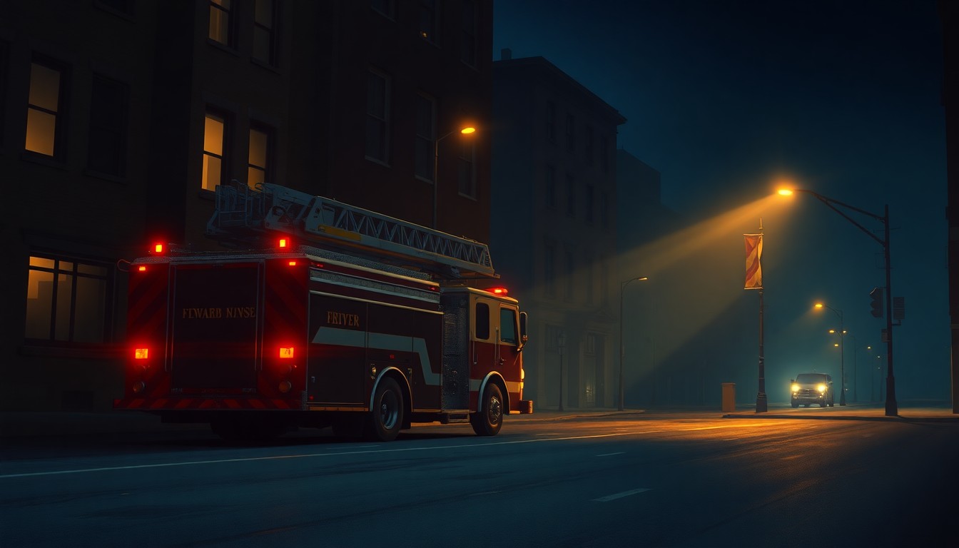 A photorealistic painting of a red fire truck parked on a shadowy city street, with warm sunlight casting dramatic diagonal shadows across the scene, conveying a sense of civic duty and community investment.