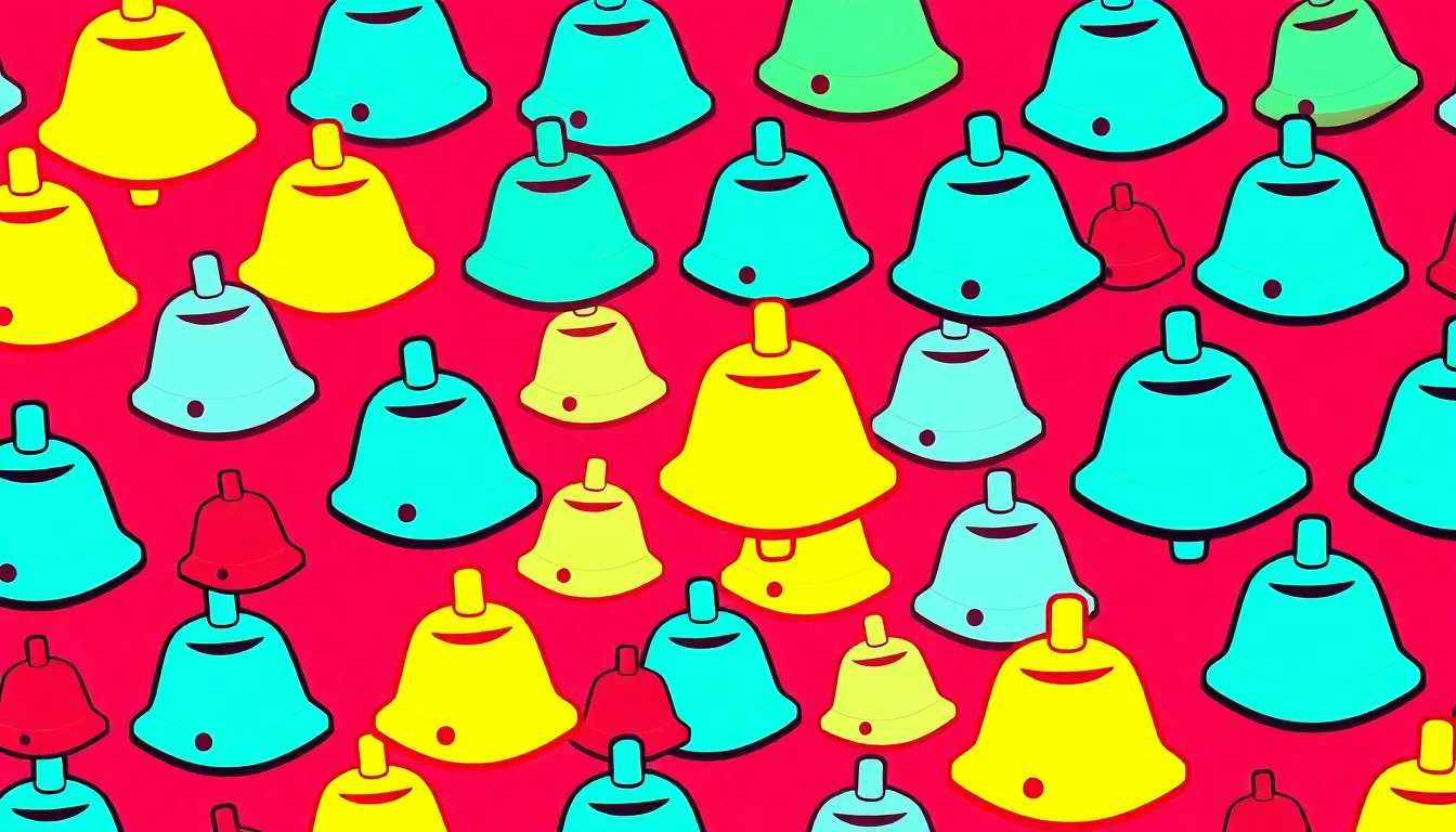 A highly stylized, abstract grid of brightly colored school bell icons in neon shades of blue, green, and pink, conceptually representing the excitement and energy of a new school administration.