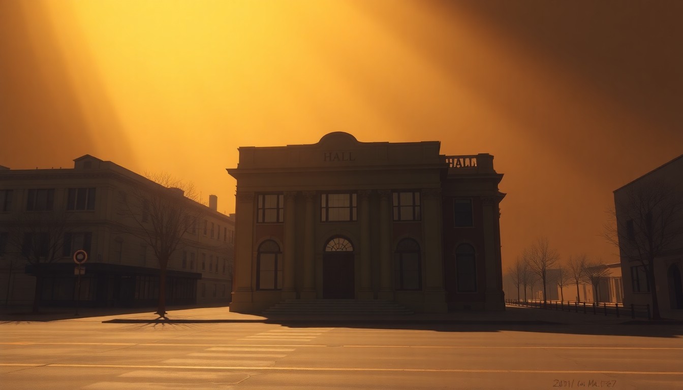 A serene, painterly image of a city hall building in warm, golden light, conveying a sense of civic pride and transition.
