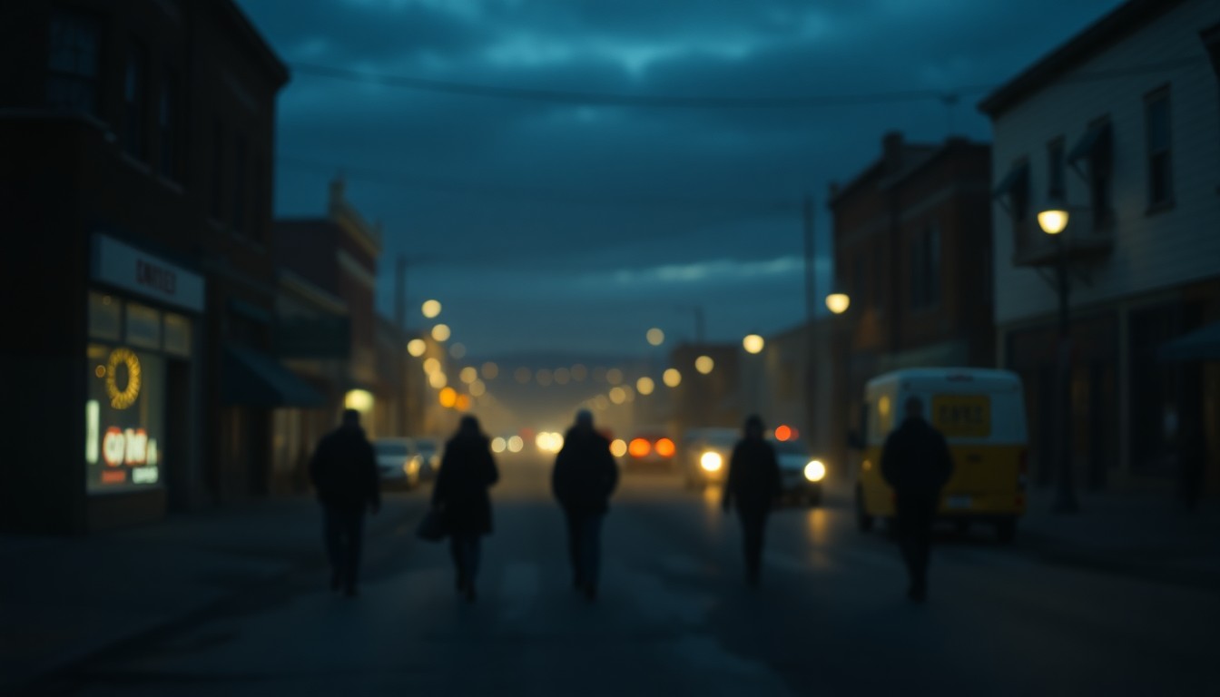 An abstract, out-of-focus street scene in muted tones of blue, gray, and yellow, depicting silhouettes of people walking, conveying a sense of isolation and uncertainty surrounding the issue of homelessness in the Casper community.