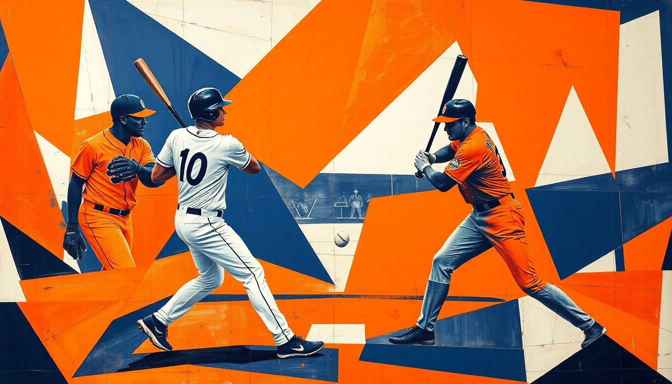 A vibrant, geometric painting depicting a baseball game in motion, with the players and ball rendered as abstract, overlapping shapes in bright colors.