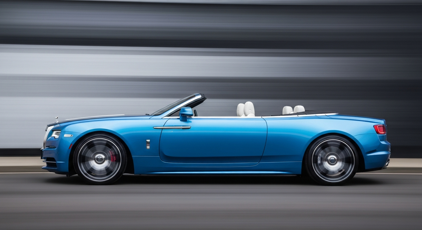 An abstract, impressionistic image of a Rolls-Royce electric convertible captured in a blur of vibrant blue and chrome, conveying a sense of speed and luxury.