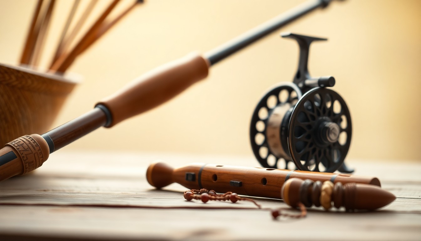 A softly focused, abstract photograph in warm earth tones depicting the tools and crafts of an outdoorsman and artist, conveying a sense of tranquility and nostalgia.