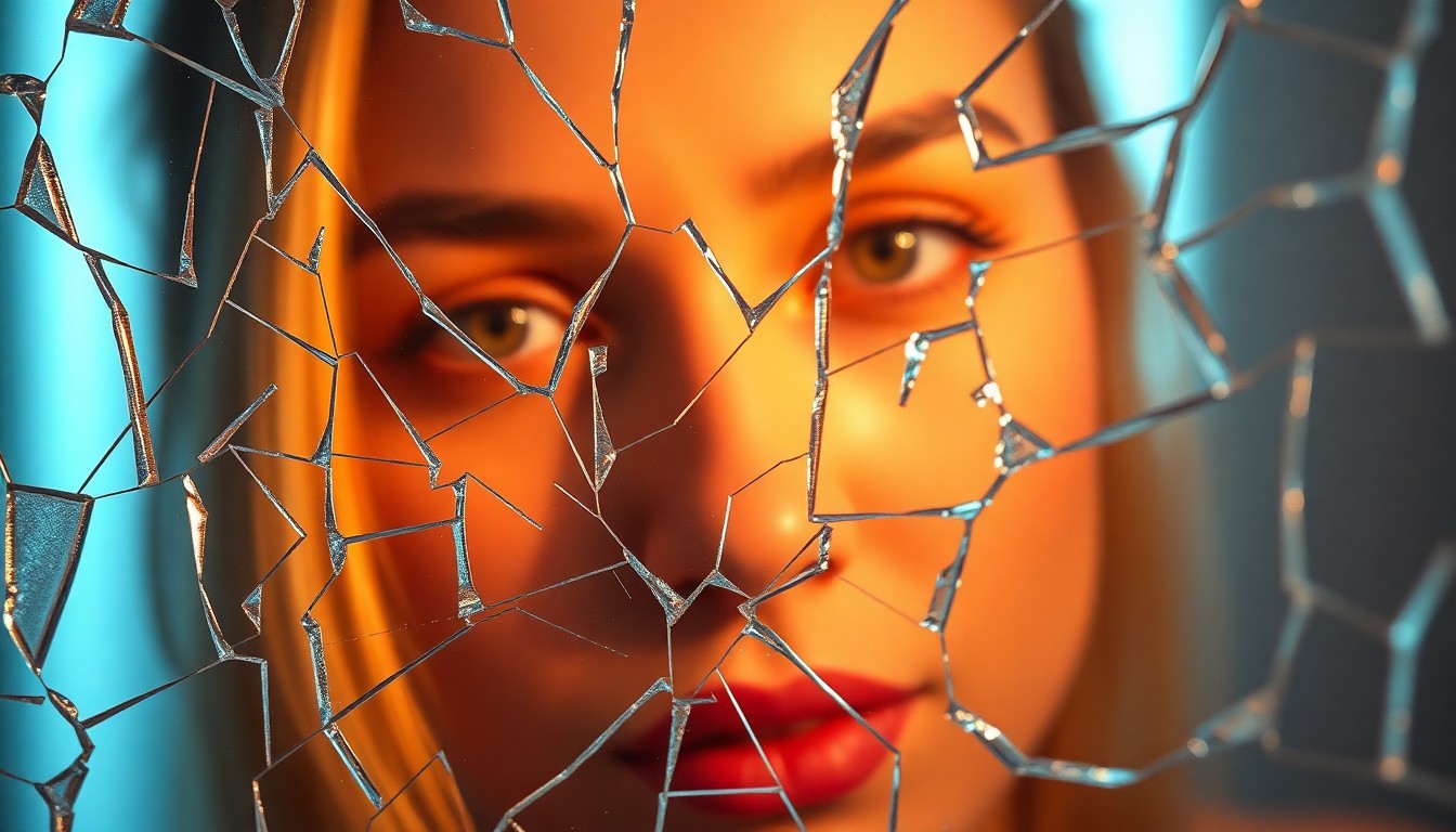 An abstract close-up photograph of shattered glass reflecting a warm, glowing light, conveying the emotional fragmentation and personal turmoil surrounding a high-profile social media influencer's legal case.