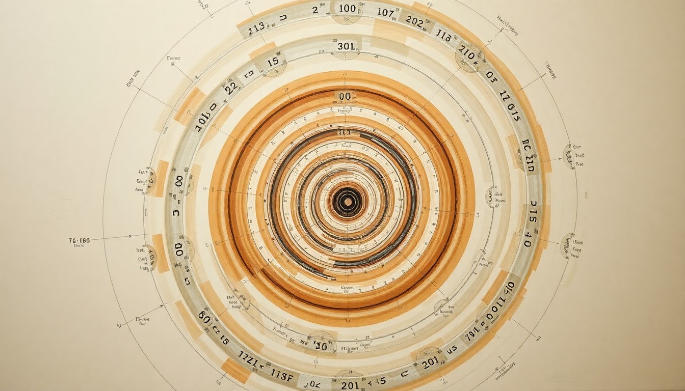 A bold, abstract painting featuring sweeping geometric arcs, concentric circles, and precise botanical spirals in earthy tones, conceptually representing the structural order and complex forces of space exploration.