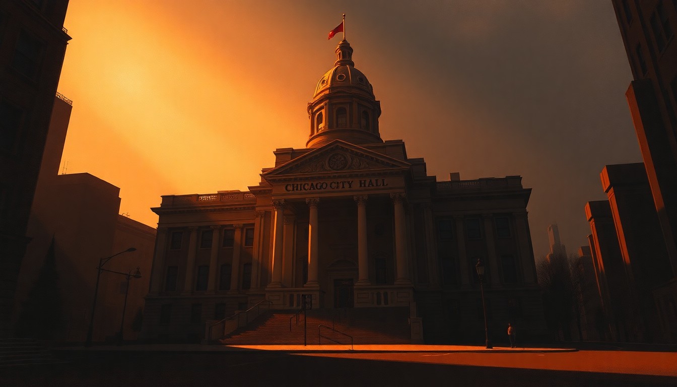 A cinematic painting of a solitary Chicago City Hall building, bathed in warm sunlight and deep shadows, conveying a sense of melancholy and unease about the city's financial troubles.