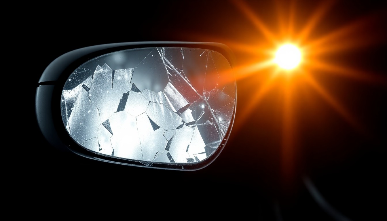 An extreme close-up photograph of a broken car side mirror reflecting a faint light, conceptually representing the aftermath of a serious pedestrian collision without depicting violence or victims.