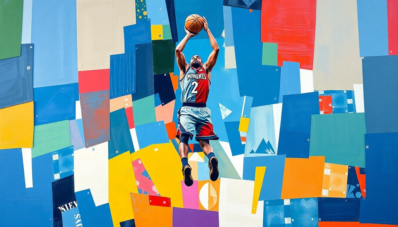 A cubist-style painting depicting a basketball player in mid-jump shot, with the player's body broken down into sharp, overlapping geometric shapes and planes in the team colors of the Minnesota Timberwolves and Denver Nuggets.