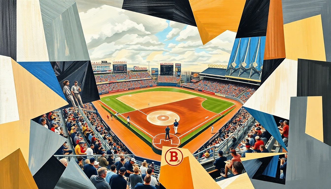 A cubist, geometric painting depicting a college baseball game broken down into overlapping planes of color and shape, conveying the blending of amateur and professional levels of the sport.