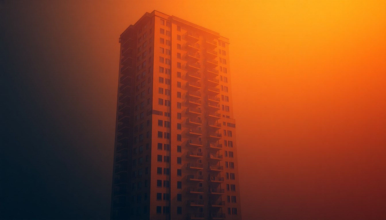 A photorealistic painting of a tall, sleek glass and steel high-rise apartment building in an urban setting, with the building bathed in warm, golden sunlight from one side and deep shadows on the other, creating a sense of solitude and quiet contemplation.