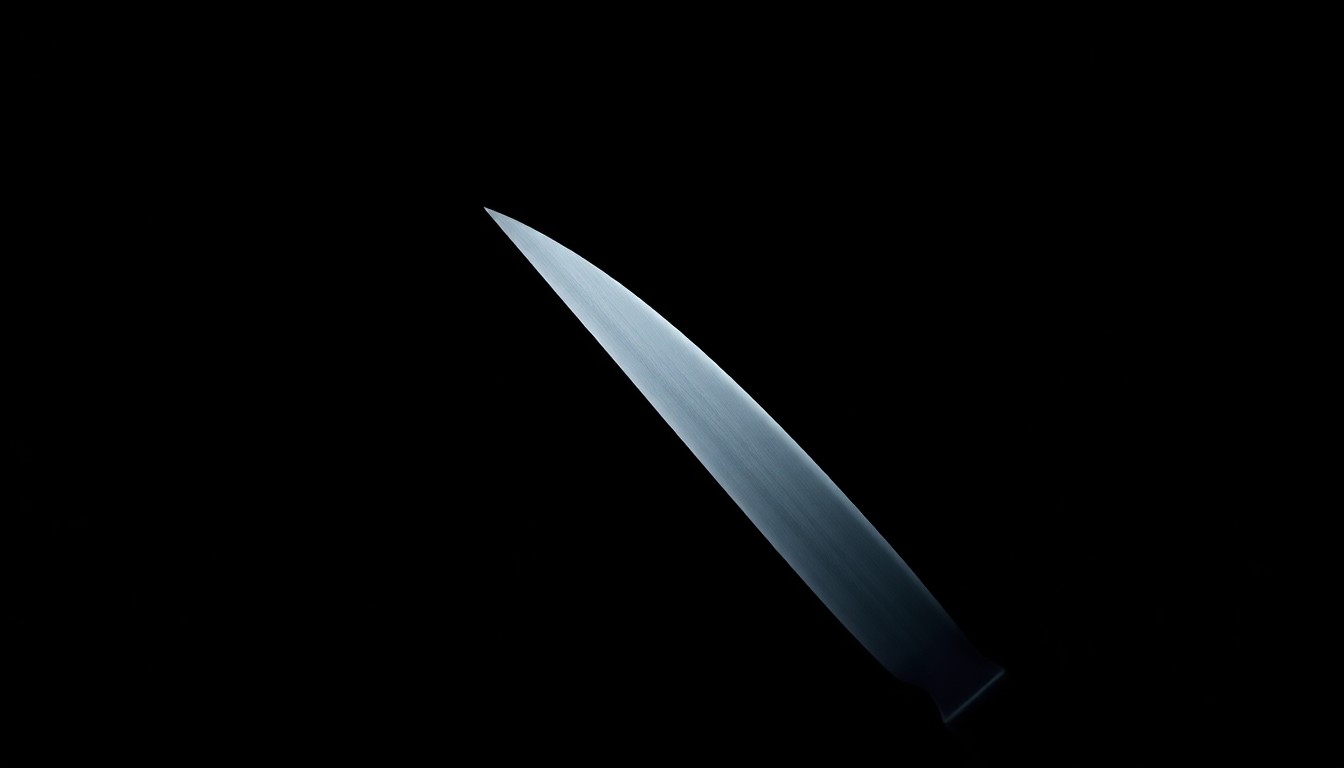 An extreme close-up of a shiny metal scalpel blade, the harsh lighting and dark background creating a stark, gritty aesthetic that conceptually represents the serious consequences of a medical mistake.