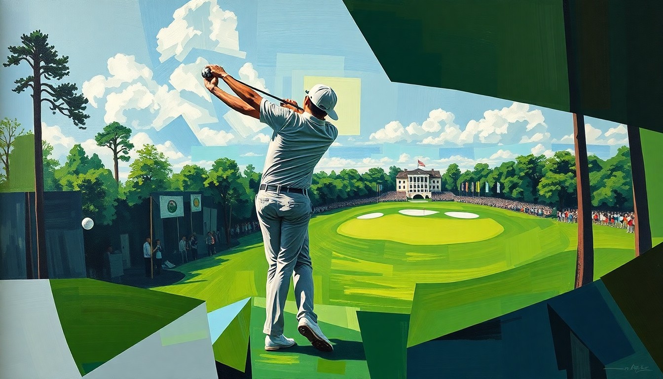 A fractured, geometric painting depicting Rory McIlroy's golf swing and the iconic 12th hole at Augusta National, representing the generational shift in professional golf.