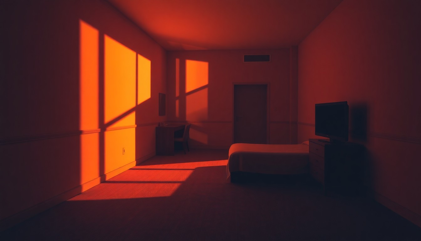 A quiet, cinematic painting of an empty hotel room with warm, diagonal sunlight and deep shadows, conveying a sense of isolation and unease related to the story's subject matter.
